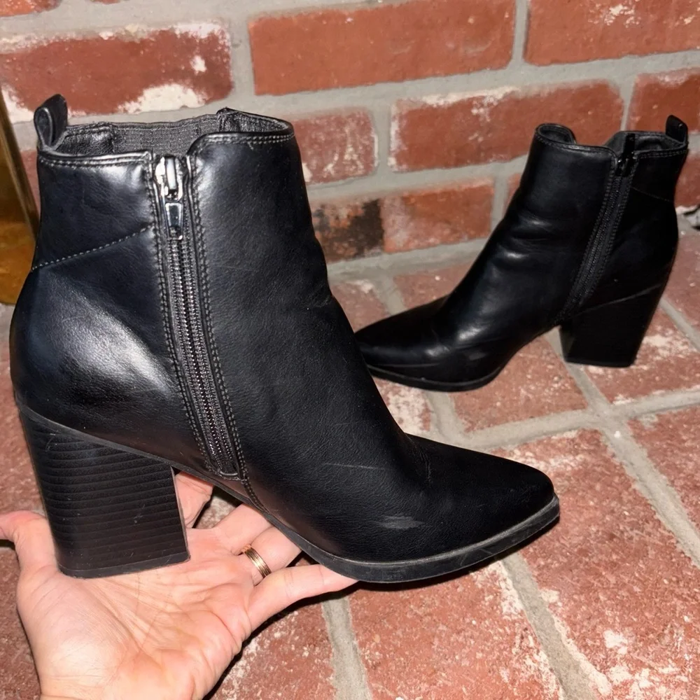 Indigo Black Leather Zip Ankle Boots with Block Heel